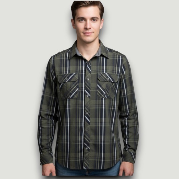 Rock & Republic Other - ROCK & REPUBLIC Mens‎ Shirt S Green Black Plaid Long Sleeve Button Up Casual